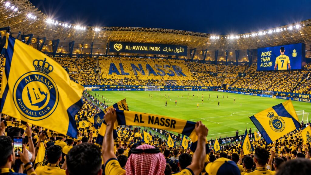 Al Nassr supporters during a night match at Al-Awwal Park in Riyadh