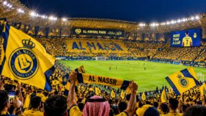 Al Nassr supporters during a night match at Al-Awwal Park in Riyadh