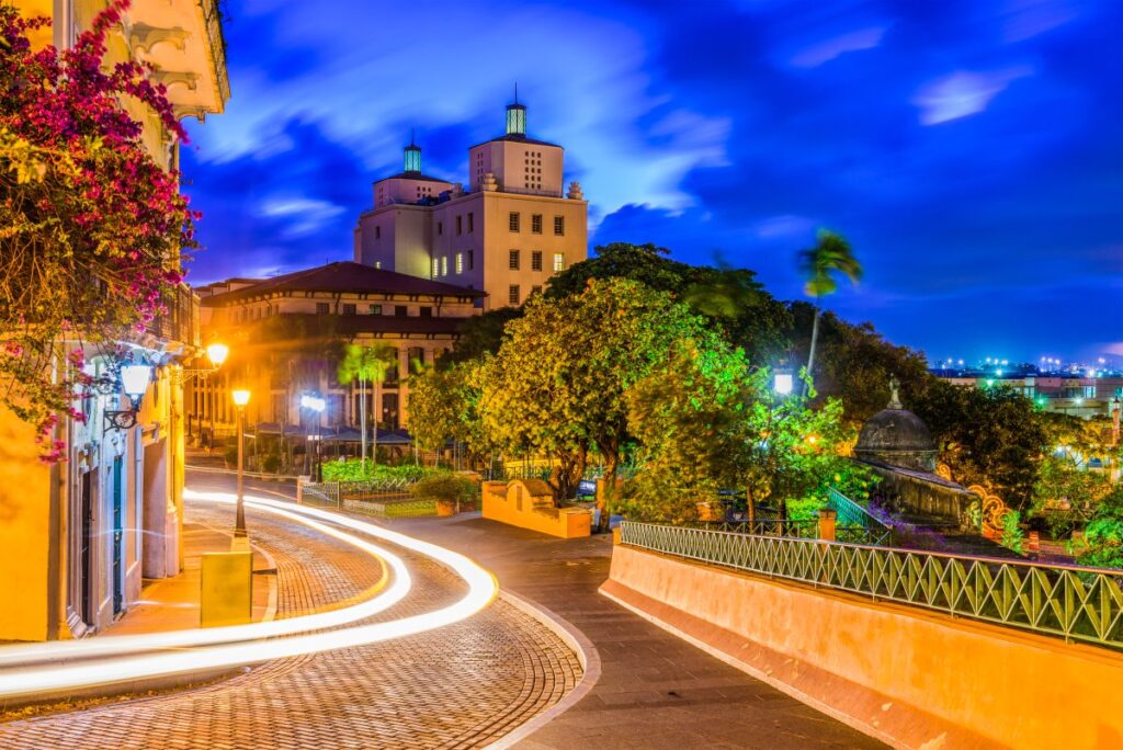 Historic architecture and illuminated streets in San Juan, Puerto Rico