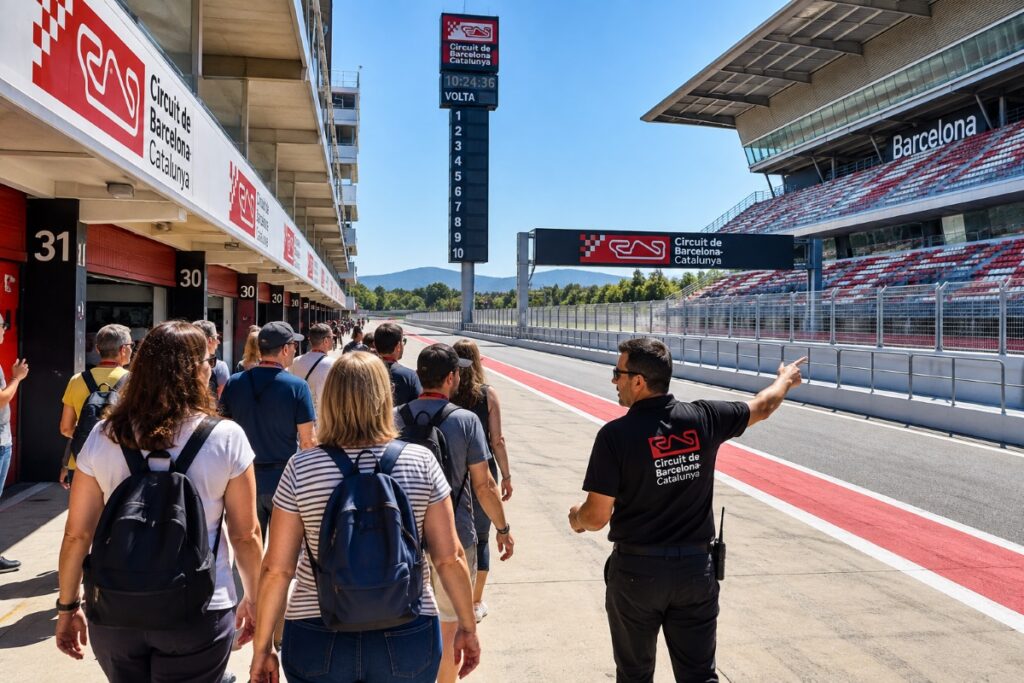 Visitors on a guided tour of the Circuit de Barcelona-Catalunya pit lane
