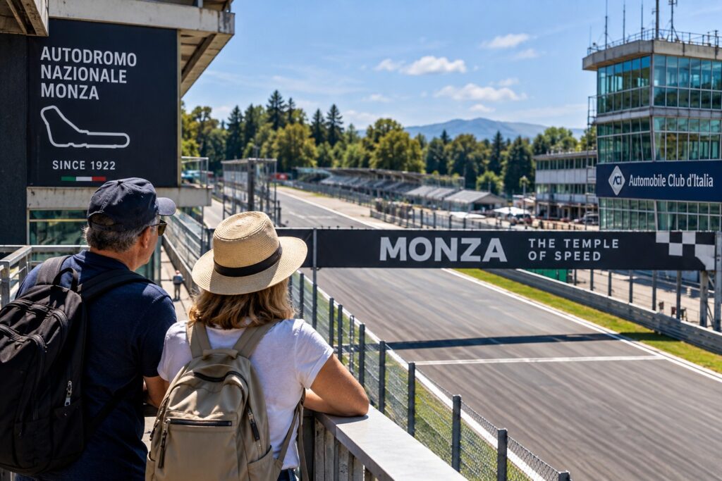 Visitors overlooking the Monza Circuit during a tour of the Temple of Speed