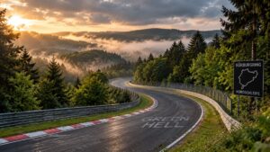 Nürburgring Nordschleife winding through the forested Eifel landscape in Germany