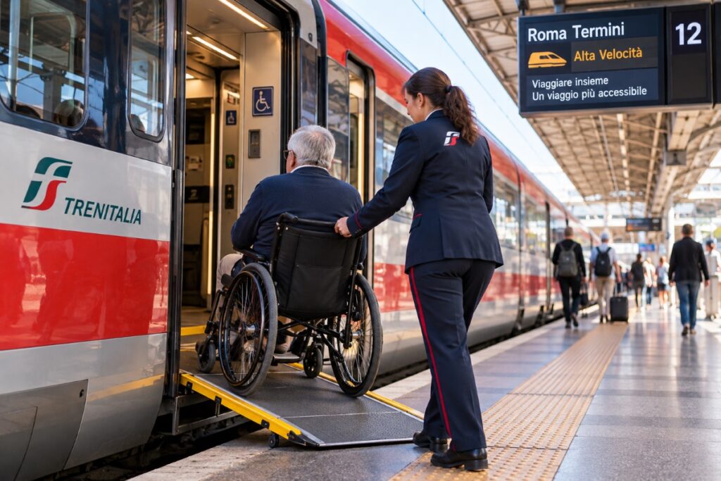 Wheelchair user boarding a train with assistance at an Italian railway station