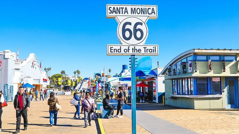 Route 66 End of the Trail sign at Santa Monica Pier