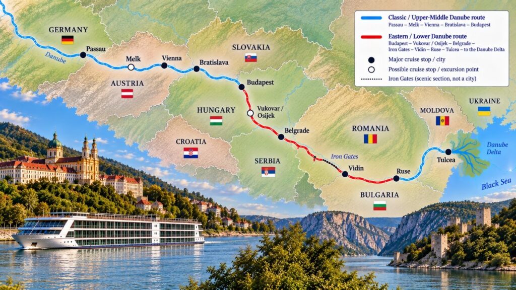 Danube river cruise routes from Passau through Vienna, Budapest and Belgrade to the Danube Delta