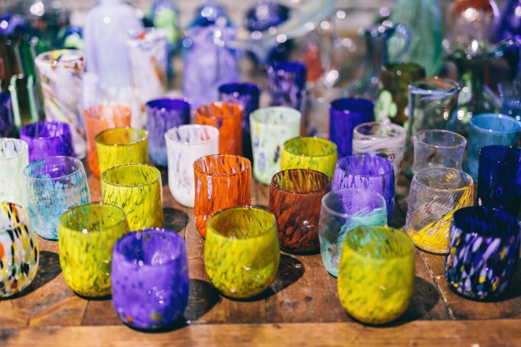 Colorful Murano glass pieces displayed in the Glass Museum