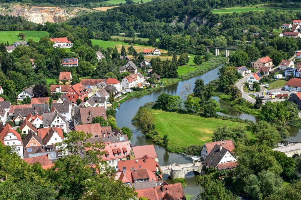 Danube River winding through a green European village landscape