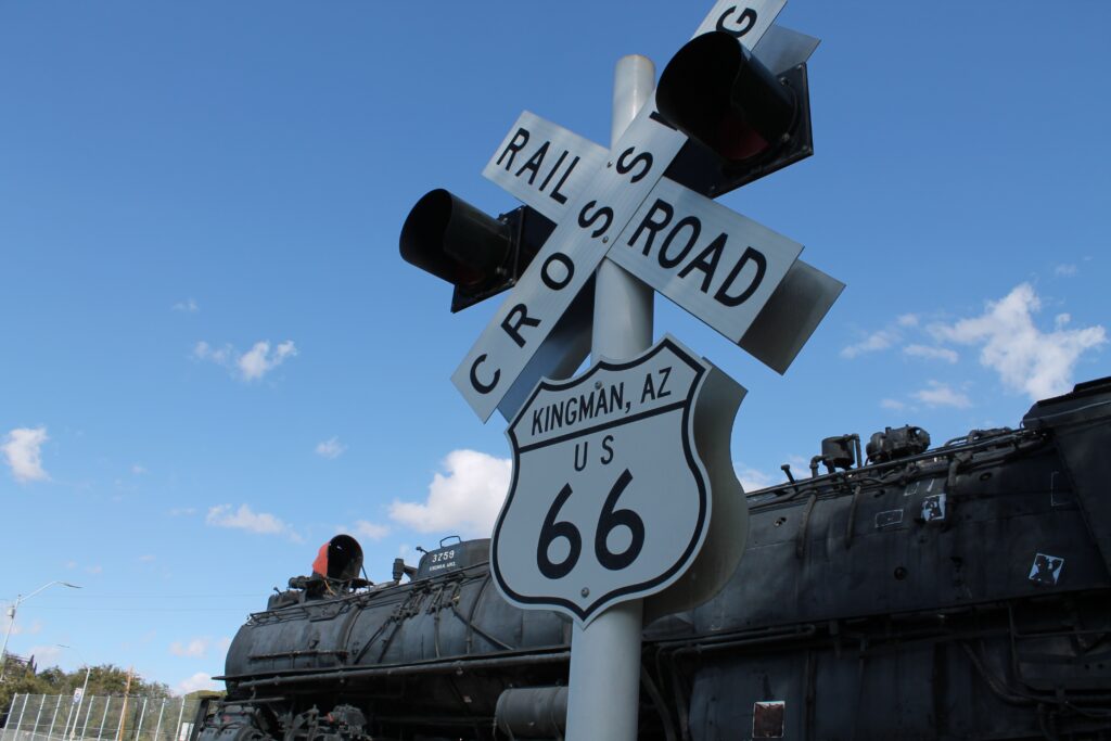 Route 66 railroad crossing sign in Kingman, Arizona
