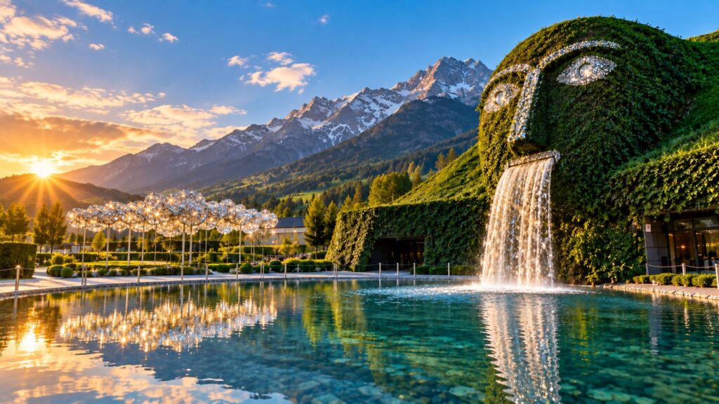 Swarovski Crystal Worlds Giant and crystal garden in Wattens, Tyrol, with the Alps in the background | AI-generated image