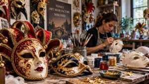 Artisan painting a Venetian mask in the Venice Art Mask Factory in Shkodër