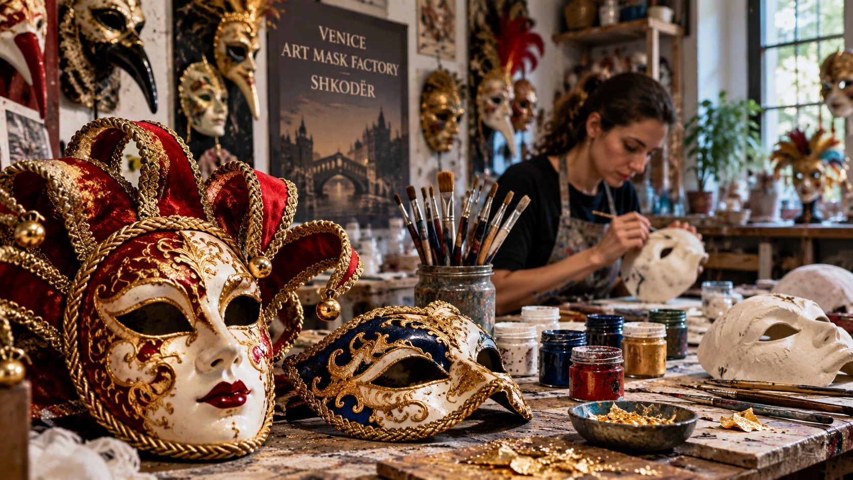 Artisan painting a Venetian mask in the Venice Art Mask Factory in Shkodër