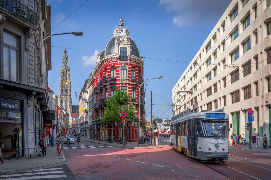 Street scene with a tram in Antwerp city centre, Belgium