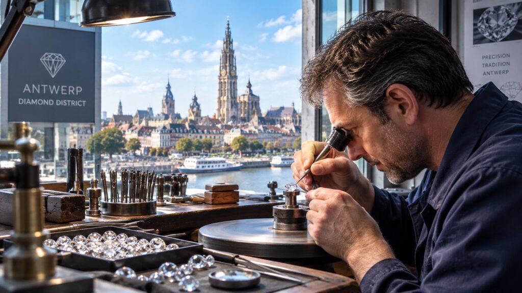 Diamond craftsman working in a workshop with Antwerp in the background