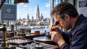 Diamond craftsman working in a workshop with Antwerp in the background