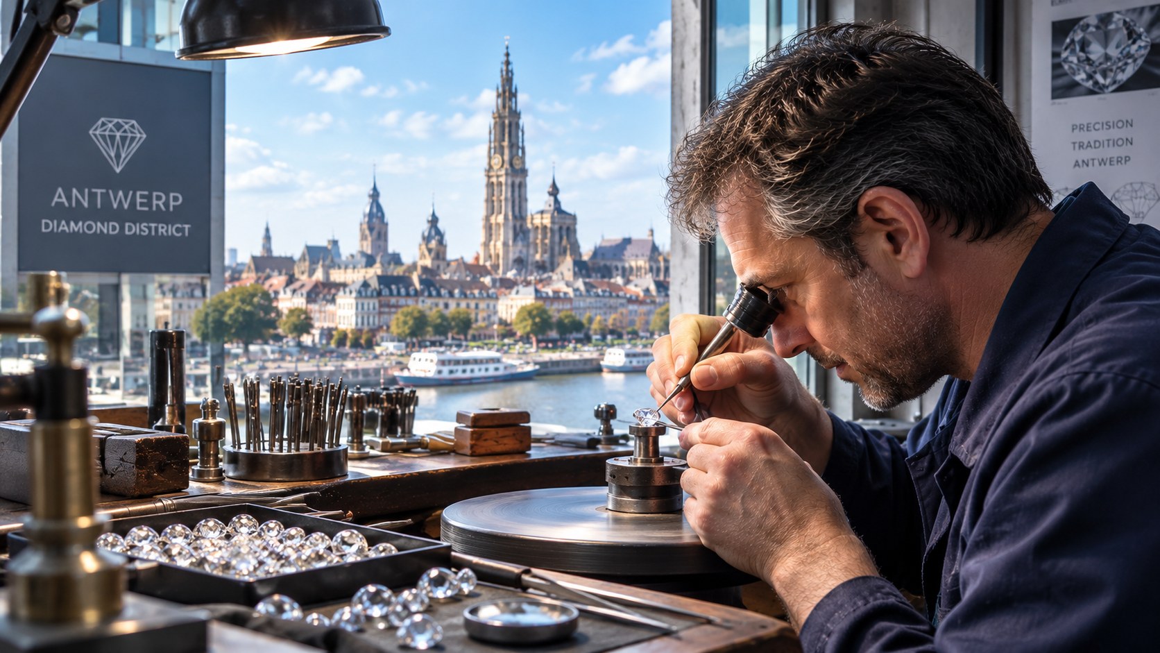 Diamond craftsman working in a workshop with Antwerp in the background