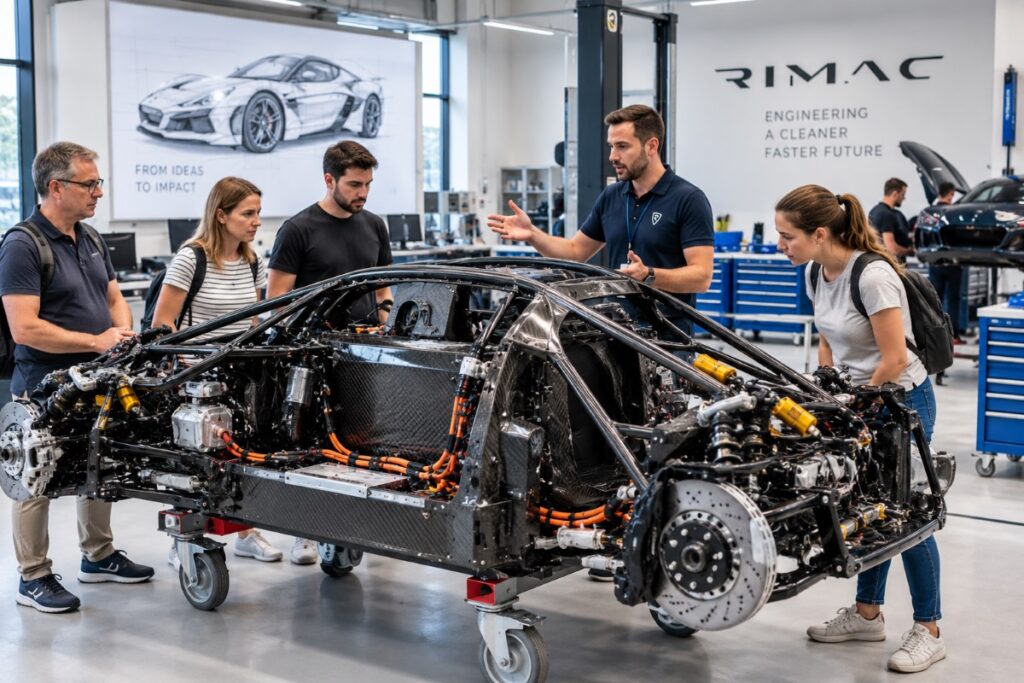 Visitors examining a vehicle chassis at a Rimac facility in Croatia