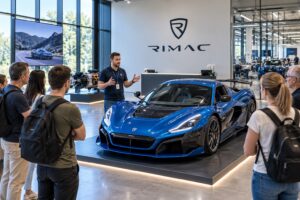 Visitors viewing a Rimac car during a factory tour near Zagreb