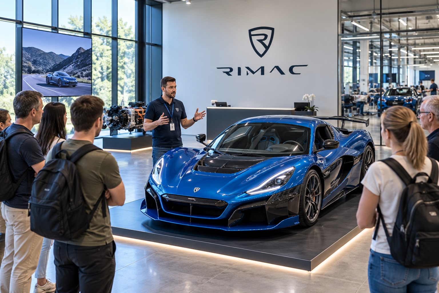 Visitors viewing a Rimac car during a factory tour near Zagreb