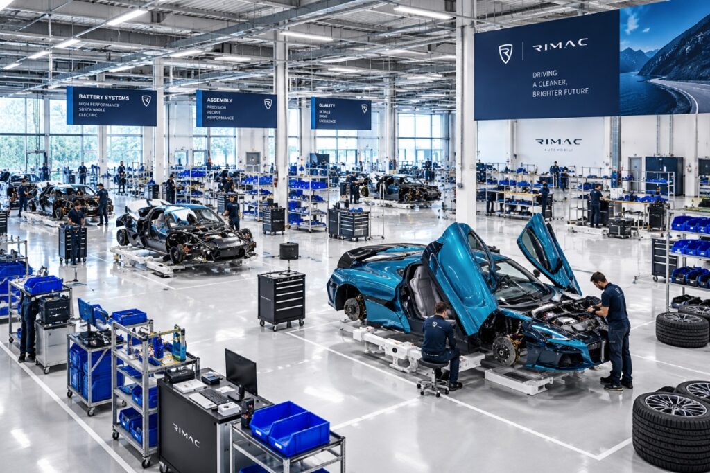 Rimac hypercars at different stages of production inside the factory
