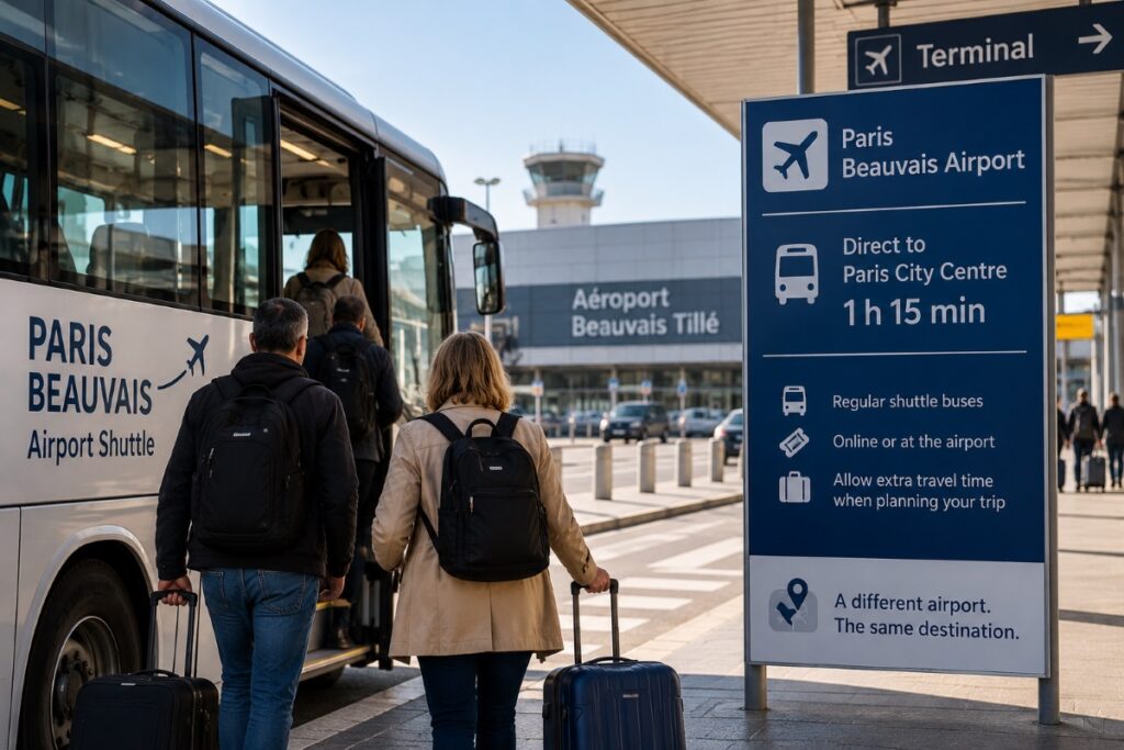 Passengers boarding an airport shuttle at Paris Beauvais Airport