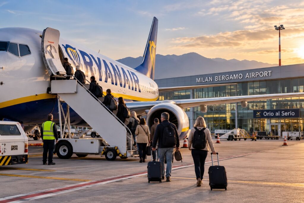 Passengers boarding a low-cost flight at a secondary airport