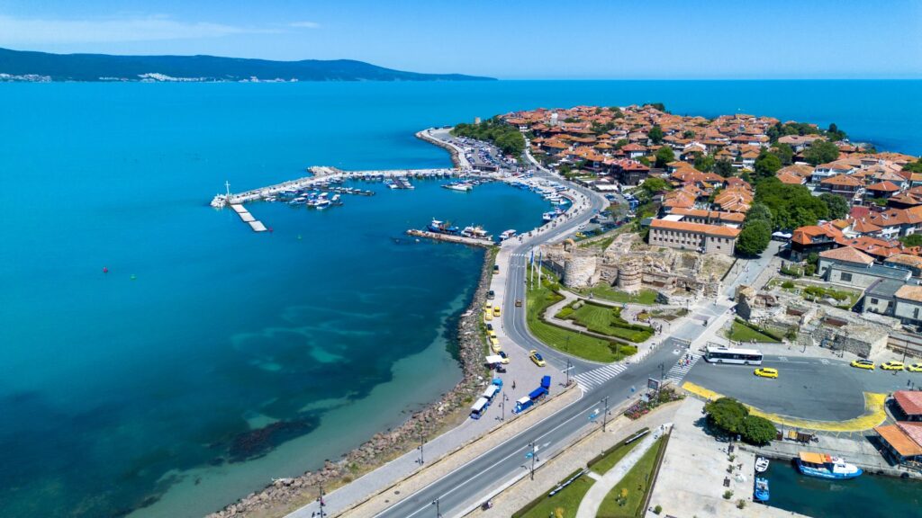 Aerial view of Nessebar’s old town and harbour on Bulgaria’s Black Sea coast