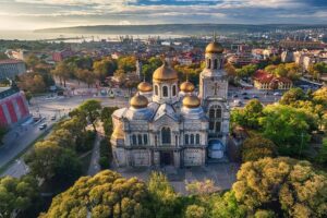 Aerial view of the Dormition of the Mother of God Cathedral with golden domes in Varna, Bulgaria
