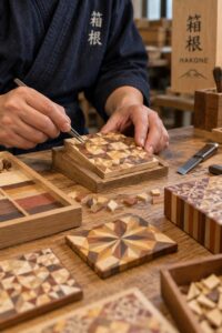 Artisan creating a geometric yosegi-zaiku wood pattern in a Hakone workshop