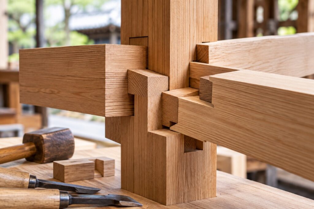 Traditional Japanese kigumi wood joinery using precisely fitted interlocking timber joints
