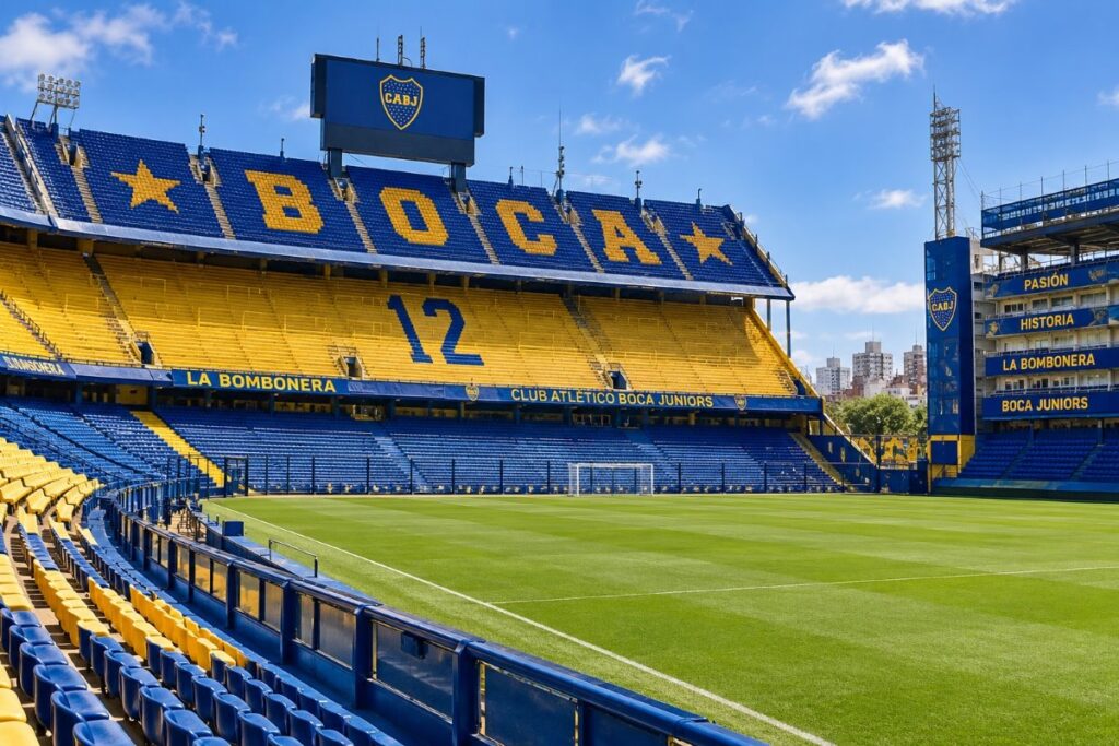 La Bombonera stadium interior with steep blue and yellow Boca Juniors stands