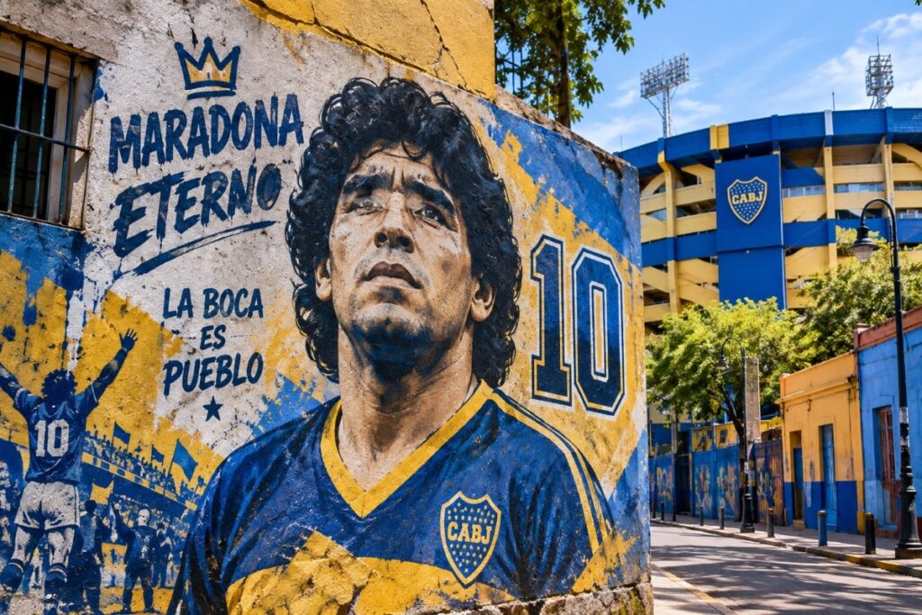 Diego Maradona mural in La Boca with La Bombonera stadium in the background