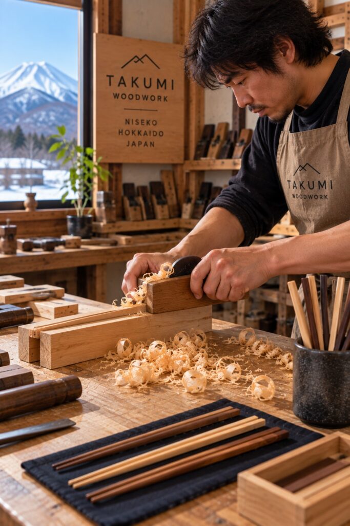 Chopstick making with a Japanese hand plane at a woodworking workshop in Niseko