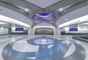 Grand Central Madison concourse with curved arches, track signs and a mosaic artwork.