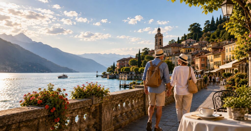 Mature couple enjoying a September trip by a European lake