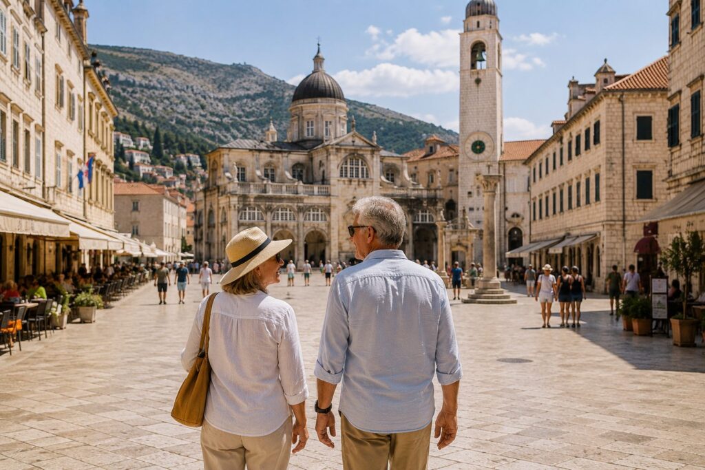 Mature couple exploring a European historic square with fewer crowds in September