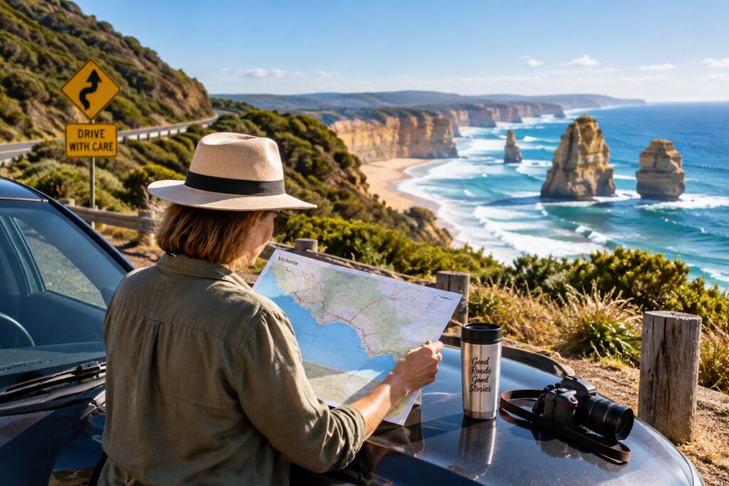Traveler checking a map beside a car during a coastal road trip in Victoria, Australia