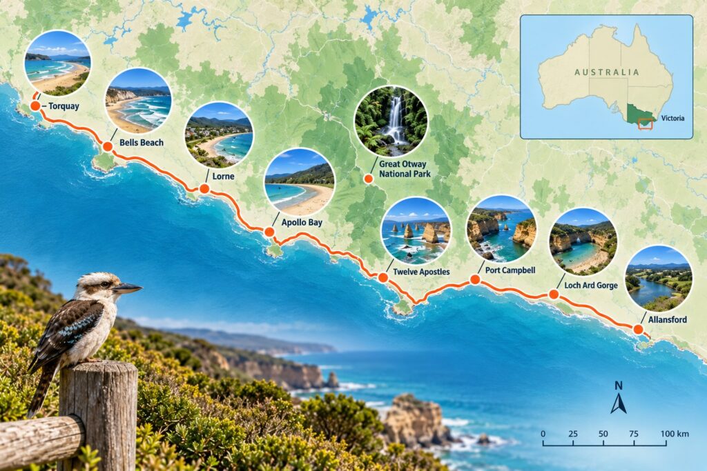 Great Ocean Road route map showing major stops from Torquay to Allansford in Victoria