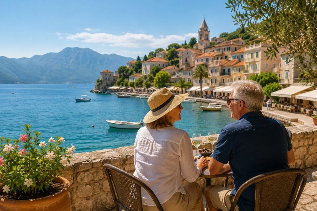 Mature couple enjoying a sunny September day in a Mediterranean coastal town