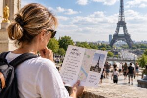 Traveller considering a Paris must-see list with the Eiffel Tower in the background