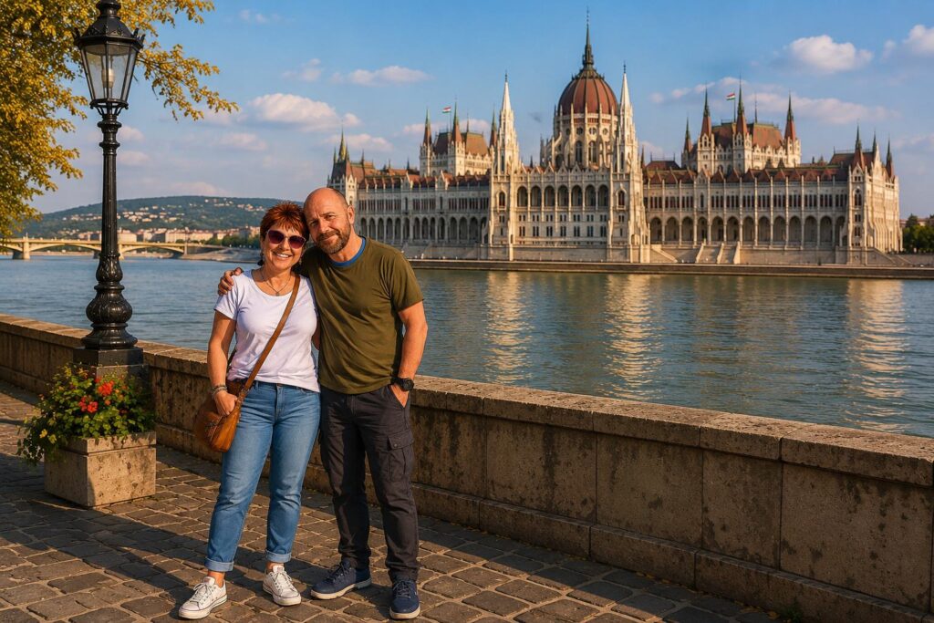Couple enjoying a September trip in Budapest with the Hungarian Parliament across the Danube