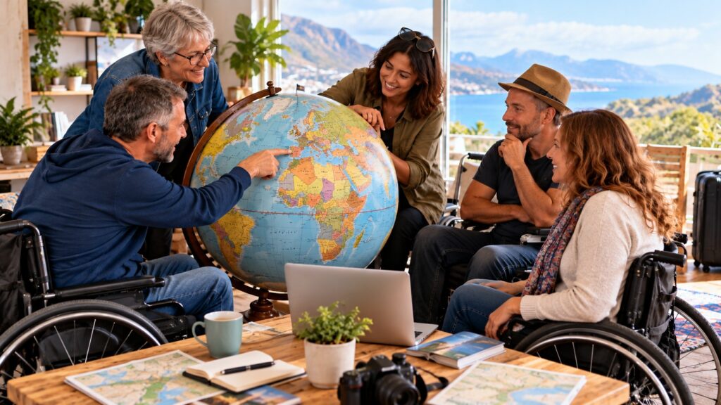 Wheelchair users planning accessible travel destinations around a globe
