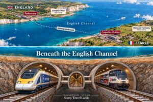 Channel Tunnel illustration showing Eurostar and LeShuttle trains beneath the English Channel, with Folkestone and Coquelles marked above.